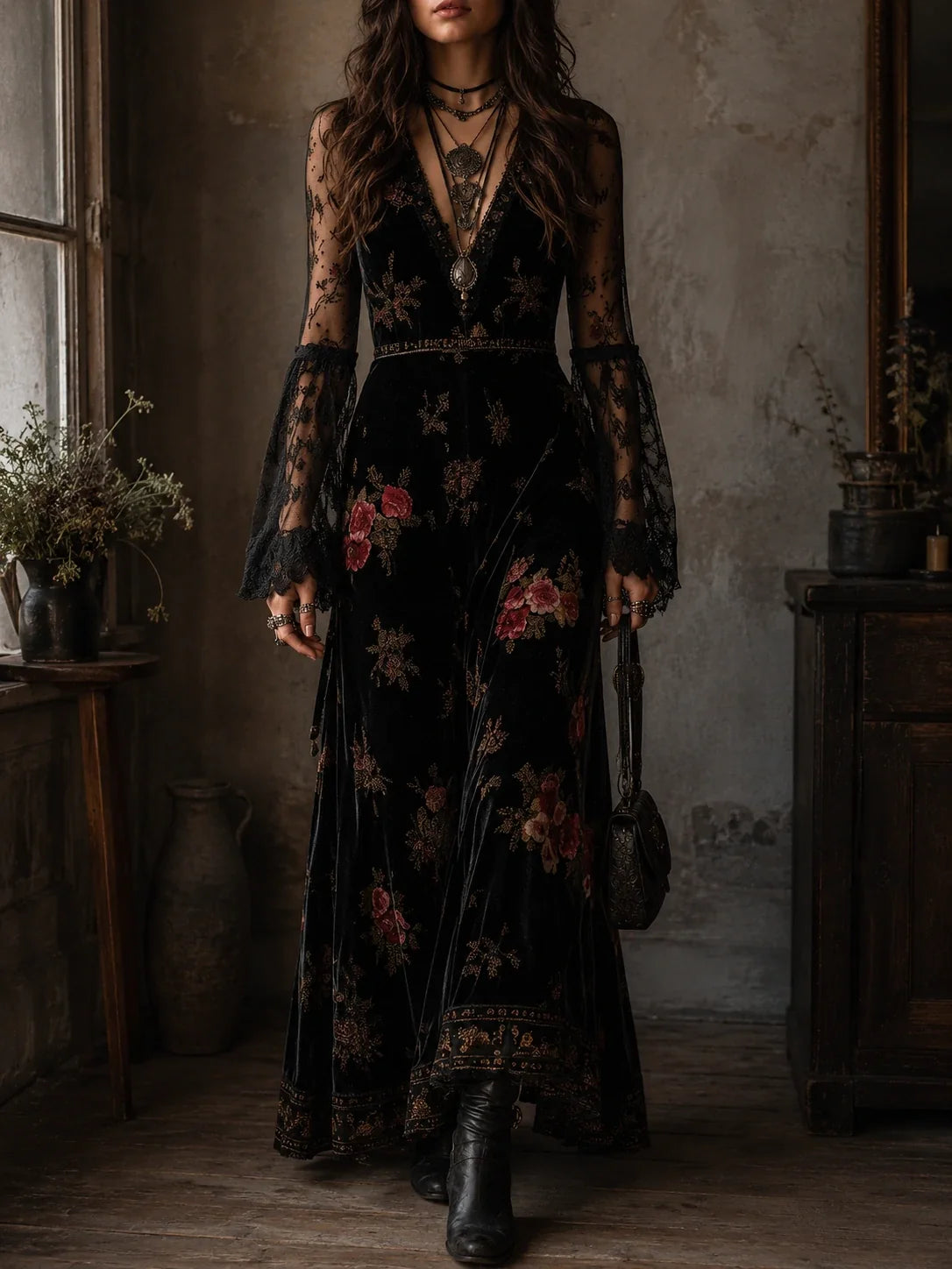 Vintage Black Velvet Floral Lace Sleeve Maxi Dress