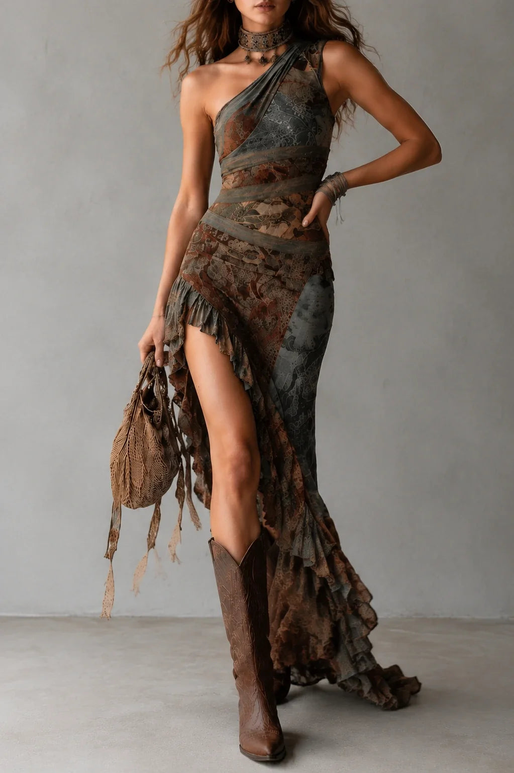 Retro Ethnic Style Printed One-shoulder High Slit Maxi Dress