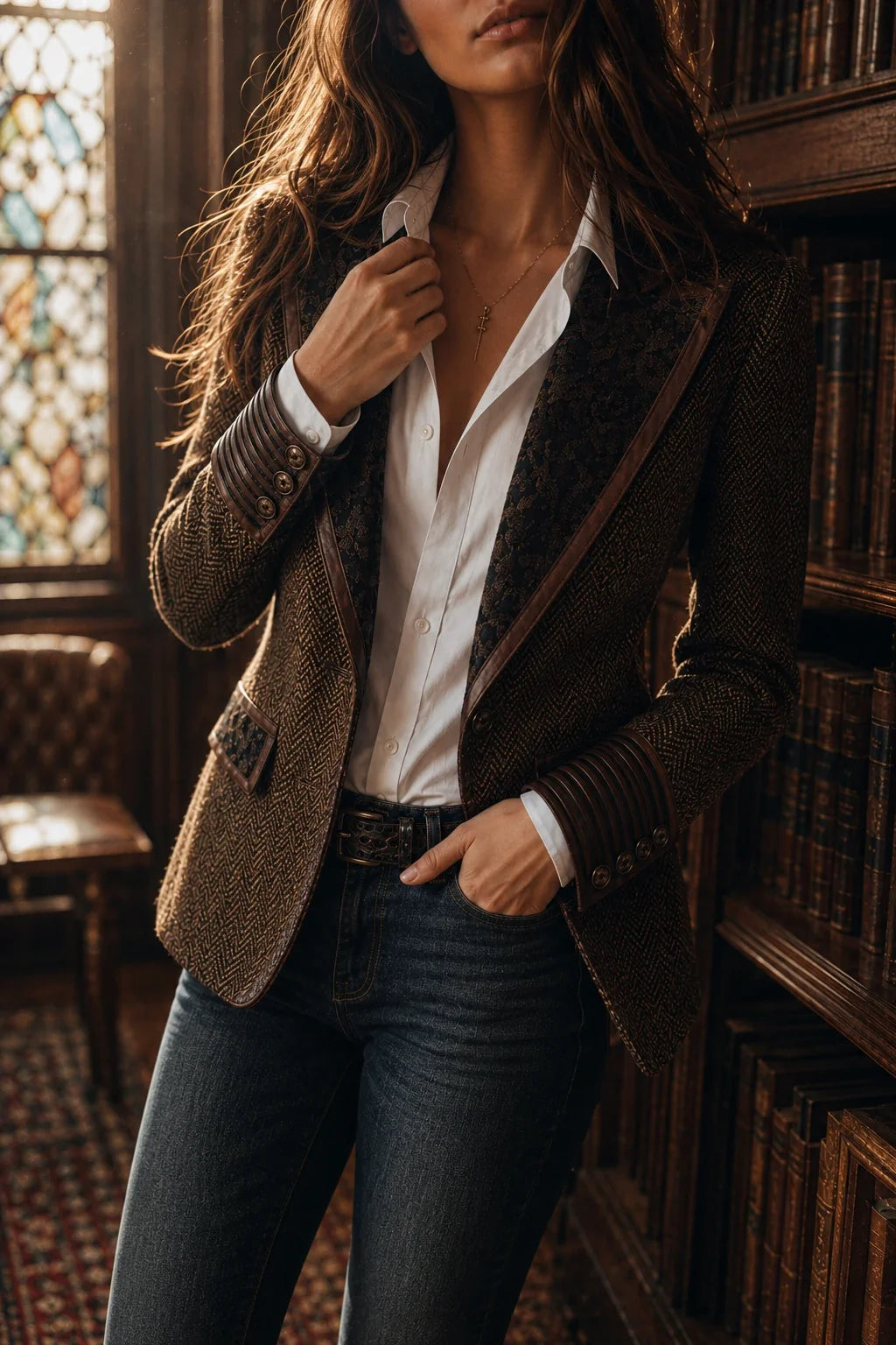 Herringbone Tweed Blazer With Printed Panels