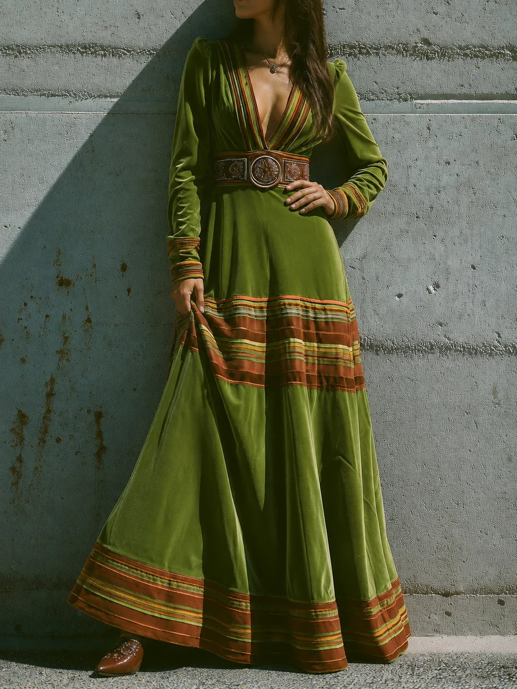 Boho Olive Green Velvet Striped Hem Maxi Dress