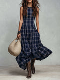 Classic Plaid Sleeveless Side Pocket Maxi Dress