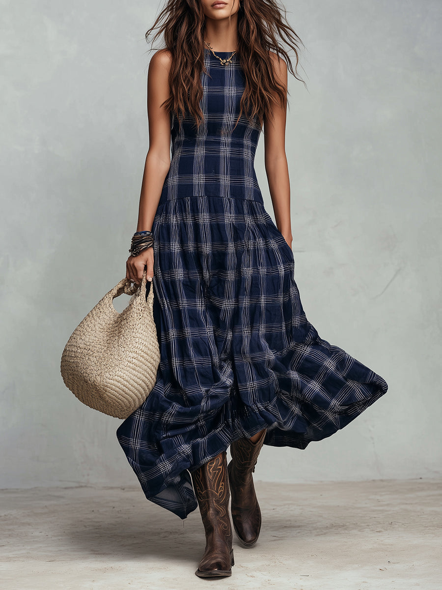 Classic Plaid Sleeveless Side Pocket Maxi Dress