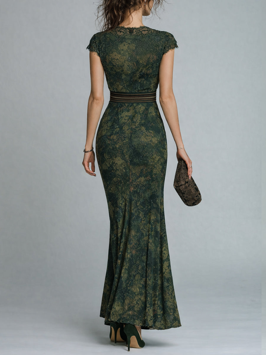Retro Lace Trim Cap Sleeves Side Slit Maxi Dress