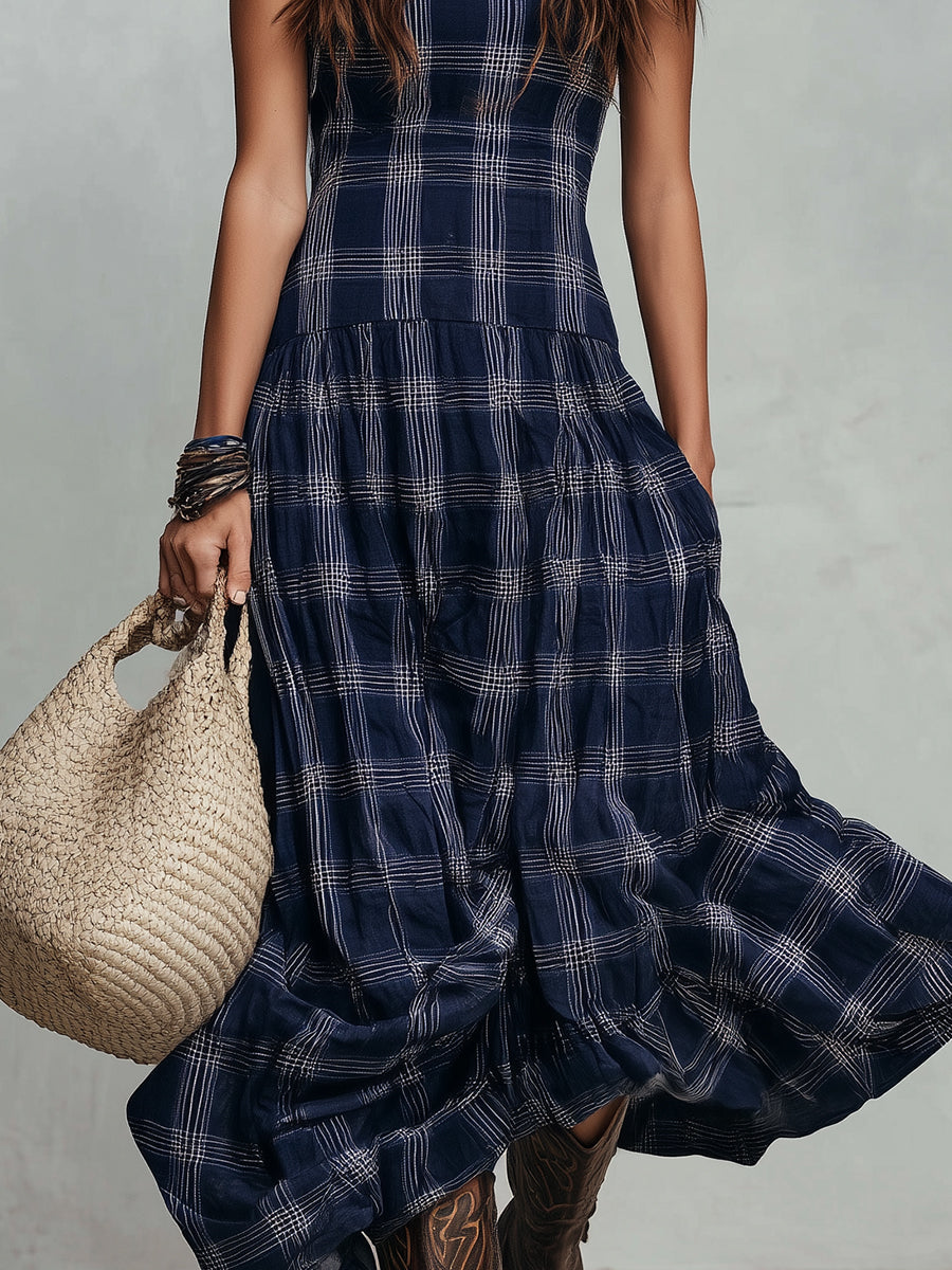 Classic Plaid Sleeveless Side Pocket Maxi Dress