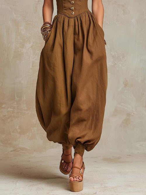 Bohemian  Cotton-Linen Corset Balloon-Leg Jumpsuit