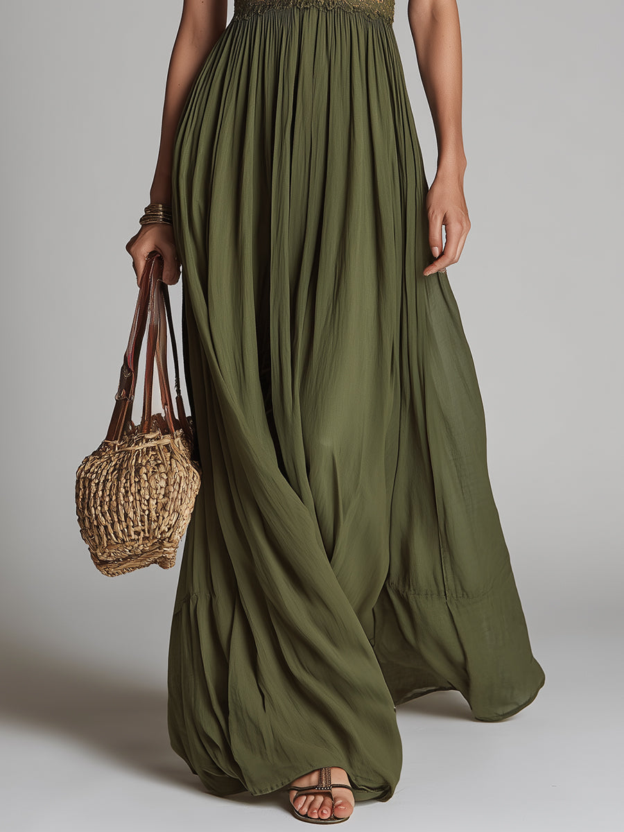 Boho Halter-Neck Maxi Dress With Lace Inserts