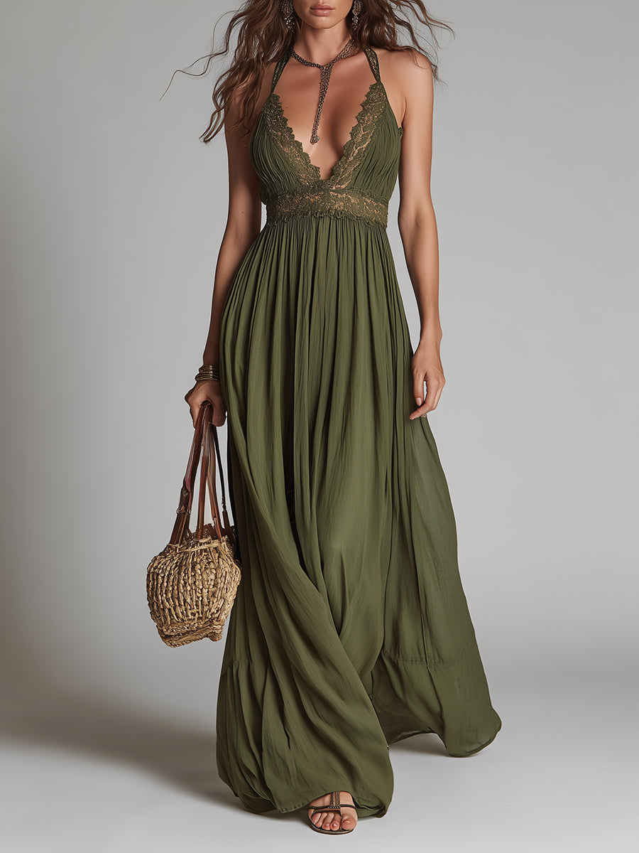 Boho Halter-Neck Maxi Dress With Lace Inserts
