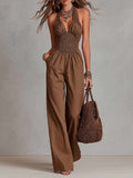 Bohemian Halter Smocked Waist Linen-Cotton Wide-Leg Jumpsuit