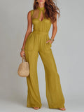 Mesh-Paneled Keyhole-Neck Wide-Leg Jumpsuit