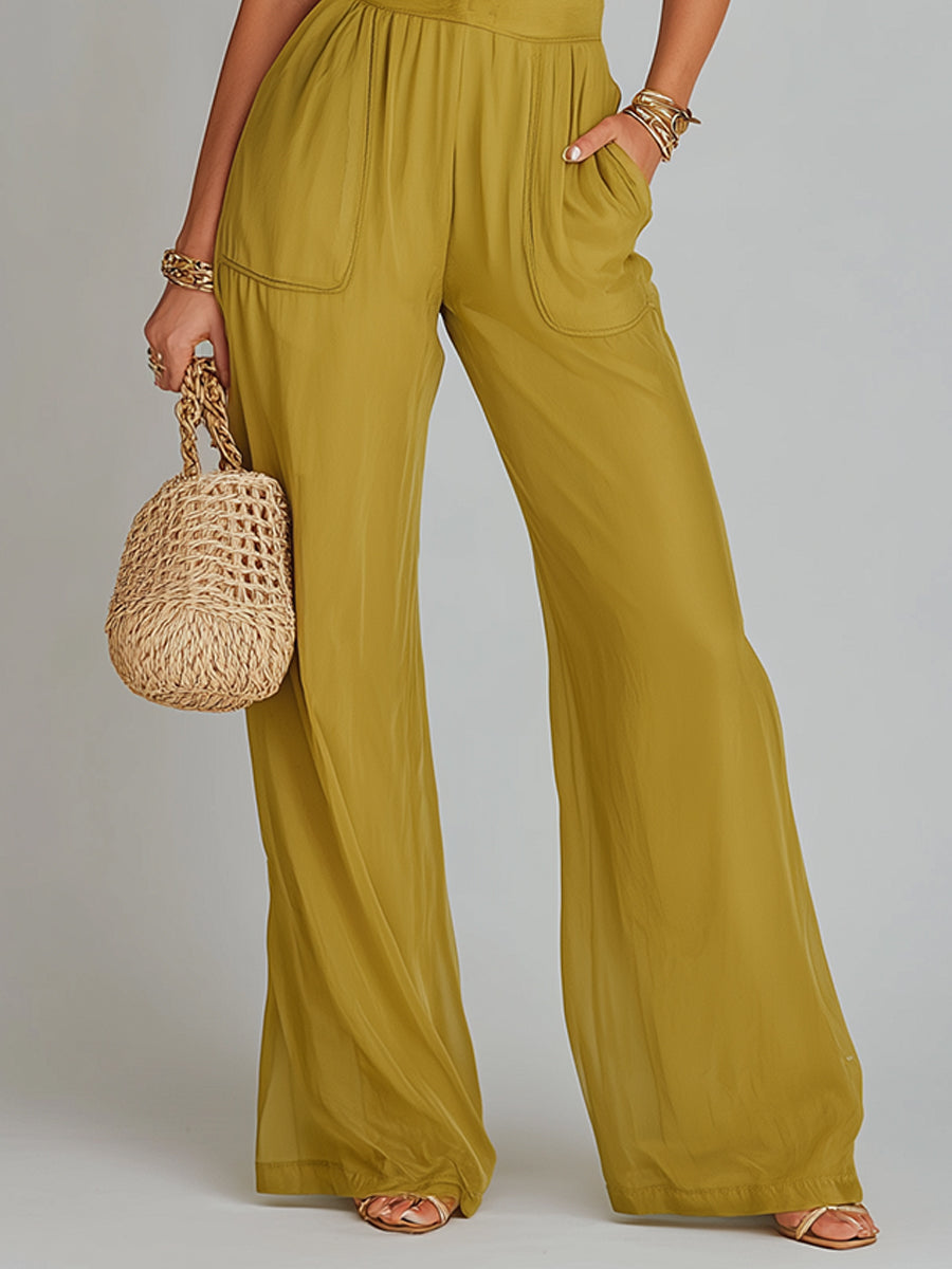 Mesh-Paneled Keyhole-Neck Wide-Leg Jumpsuit