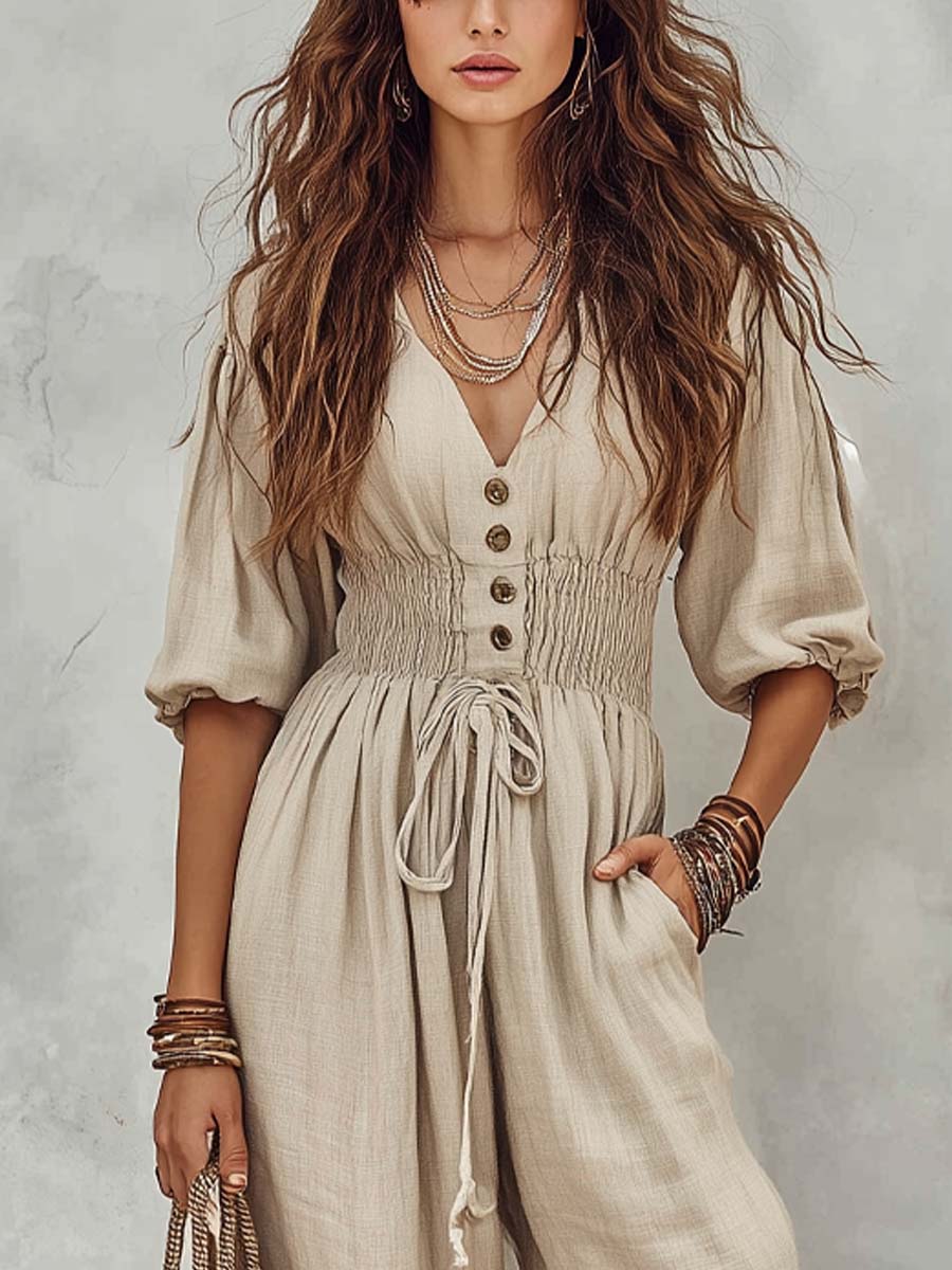 Boho-Style Cotton-Linen Jumpsuit With Button Details And Smocked Waist
