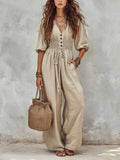 Boho-Style Cotton-Linen Jumpsuit With Button Details And Smocked Waist