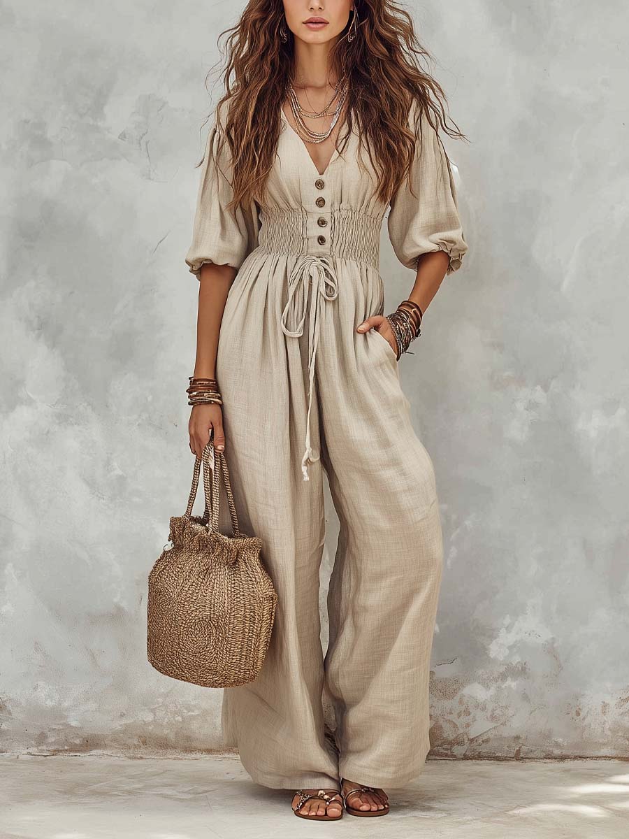 Boho-Style Cotton-Linen Jumpsuit With Button Details And Smocked Waist