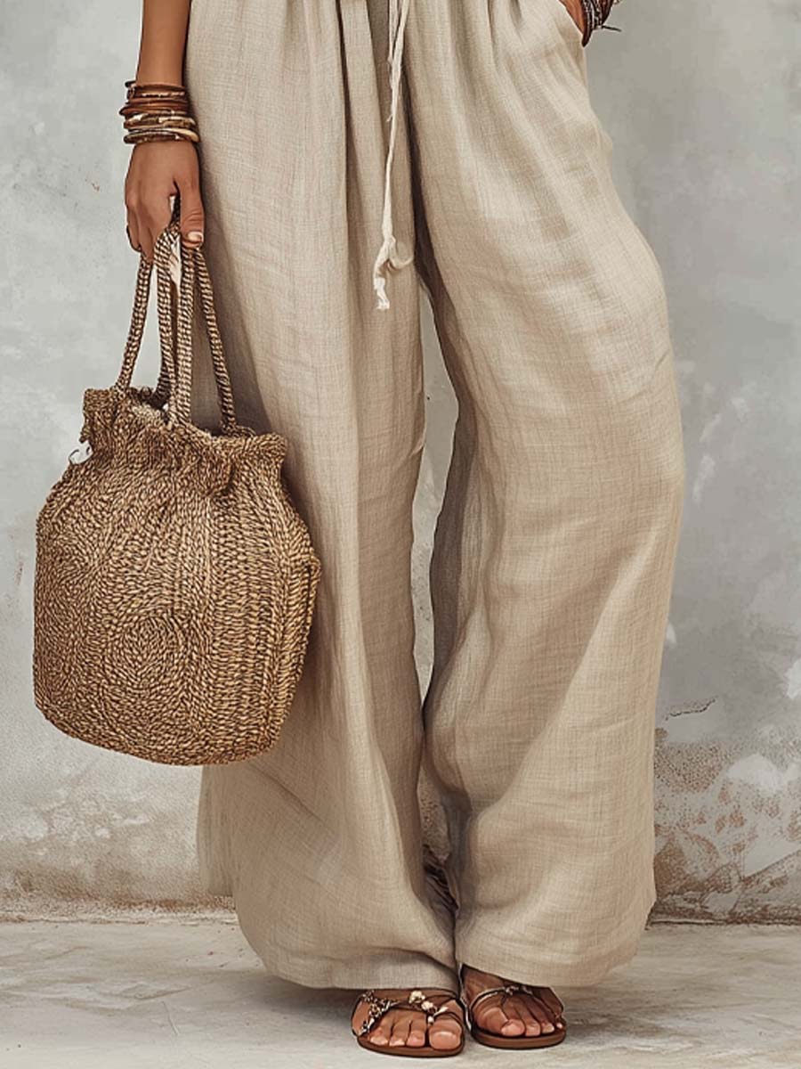Boho-Style Cotton-Linen Jumpsuit With Button Details And Smocked Waist