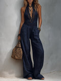 Stand-Collar Cutout-Panel Tencel Wide-Leg Jumpsuit