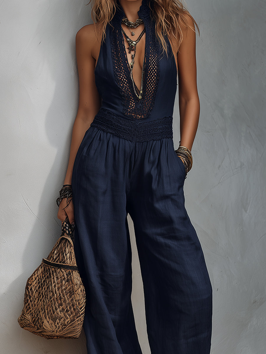 Stand-Collar Cutout-Panel Tencel Wide-Leg Jumpsuit