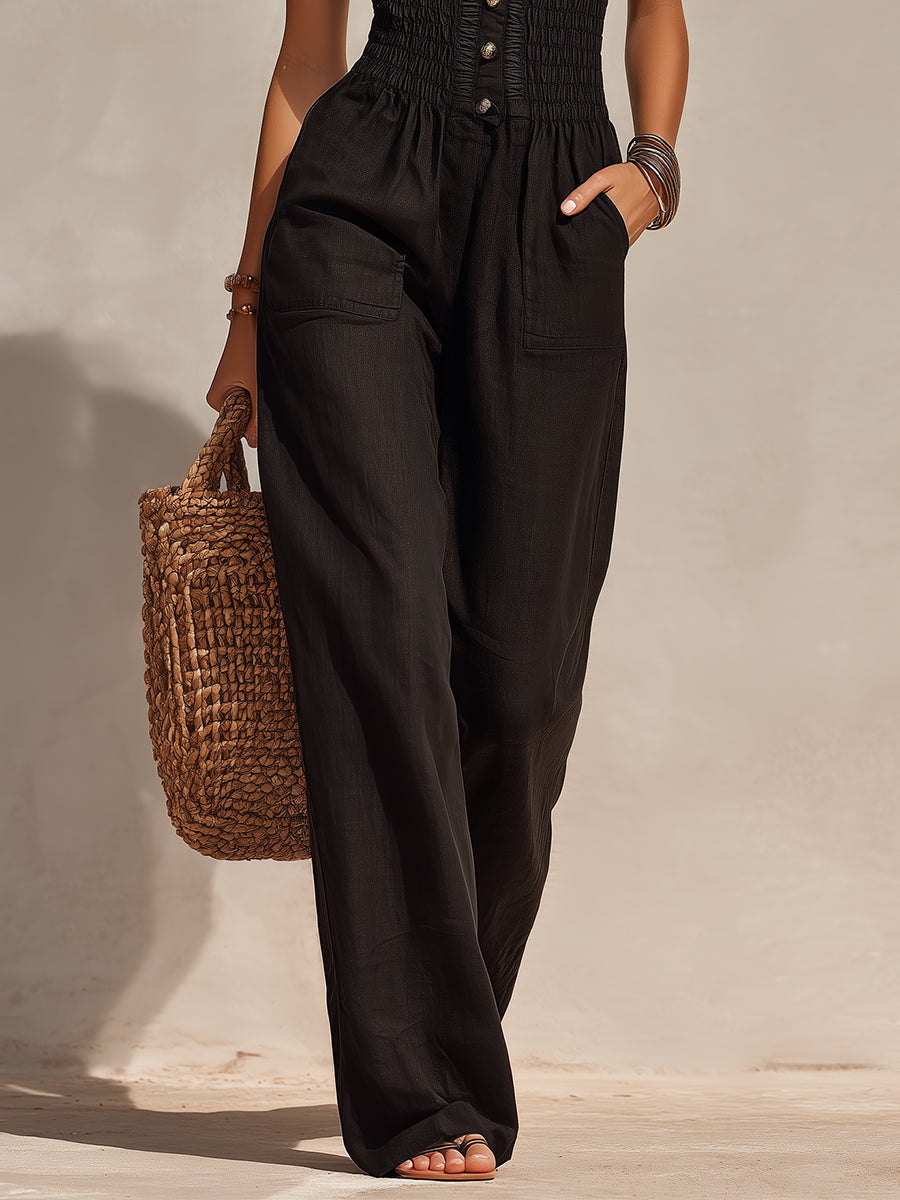 Shirt-Collar Tencel Jumpsuit With Lace Trim And Shirring