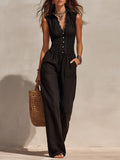 Shirt-Collar Tencel Jumpsuit With Lace Trim And Shirring