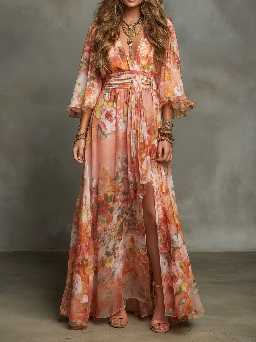 Boho Peach Floral Chiffon Bell Sleeves Maxi Dress