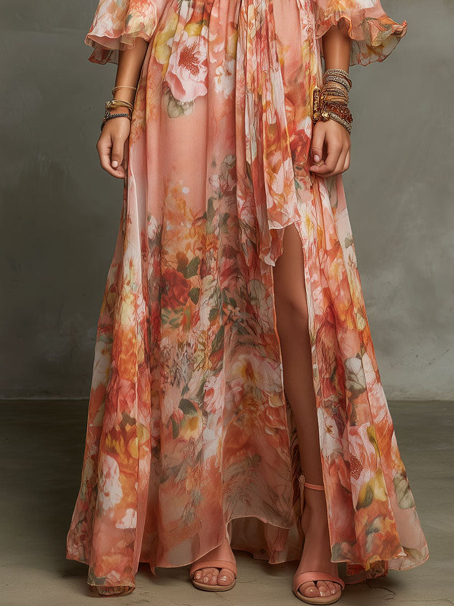 Boho Peach Floral Chiffon Bell Sleeves Maxi Dress