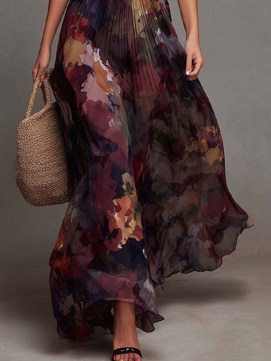 Vintage Watercolor Floral Print Pleated Chiffon Maxi Dress