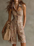 Retro Floral Cotton Twill Vest Style Romper with Lace Trim and Cutout Neckline