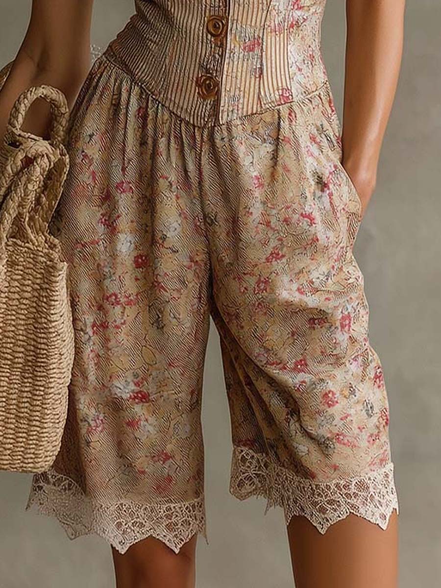 Retro Floral Cotton Twill Vest Style Romper with Lace Trim and Cutout Neckline