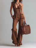 Vintage Brown Lace-Trim Halter Neck Flared Jumpsuit