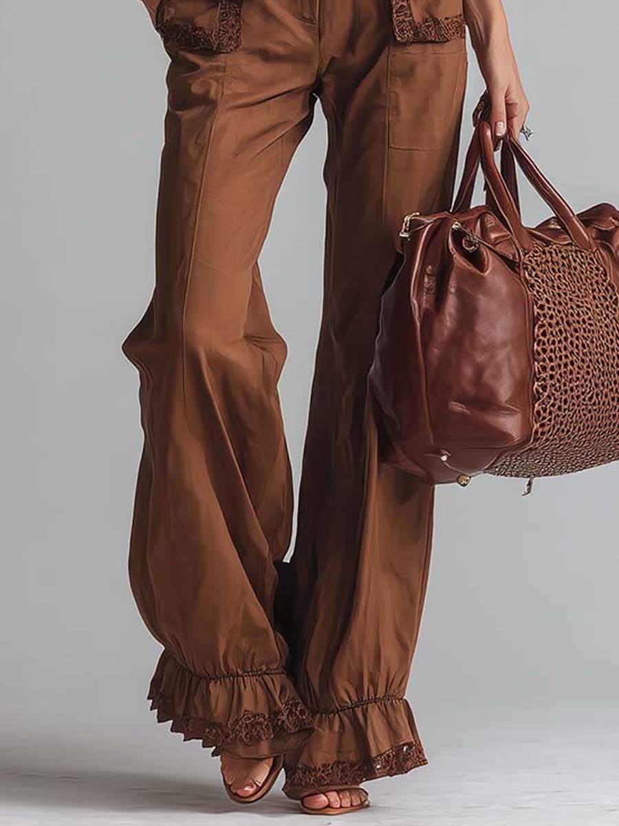 Vintage Brown Lace-Trim Halter Neck Flared Jumpsuit