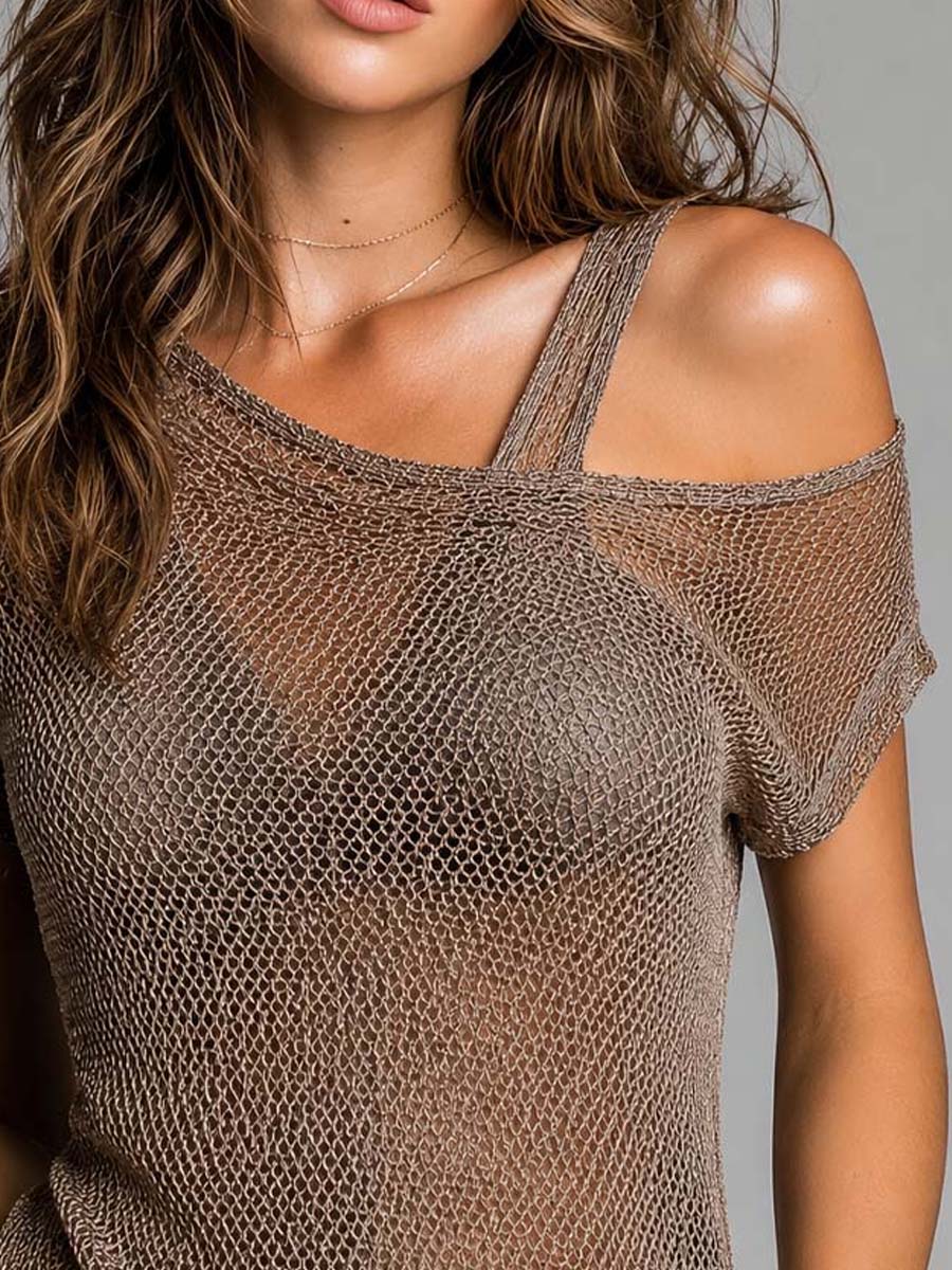 Mocha Mesh Knit Asymmetrical Off-Shoulder Top