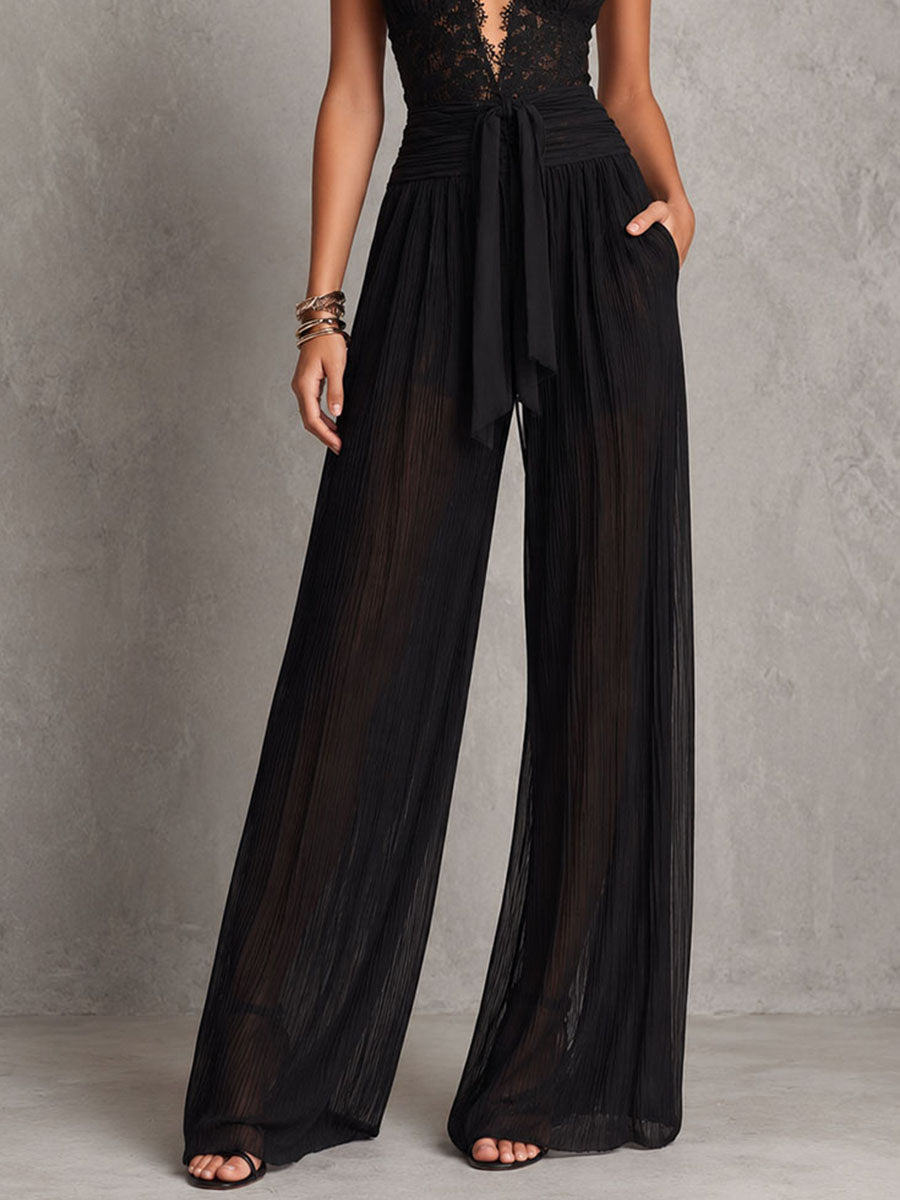 Boho Romantic Black Lace Halter Sheer Pleated Wide-Leg Evening Jumpsuit