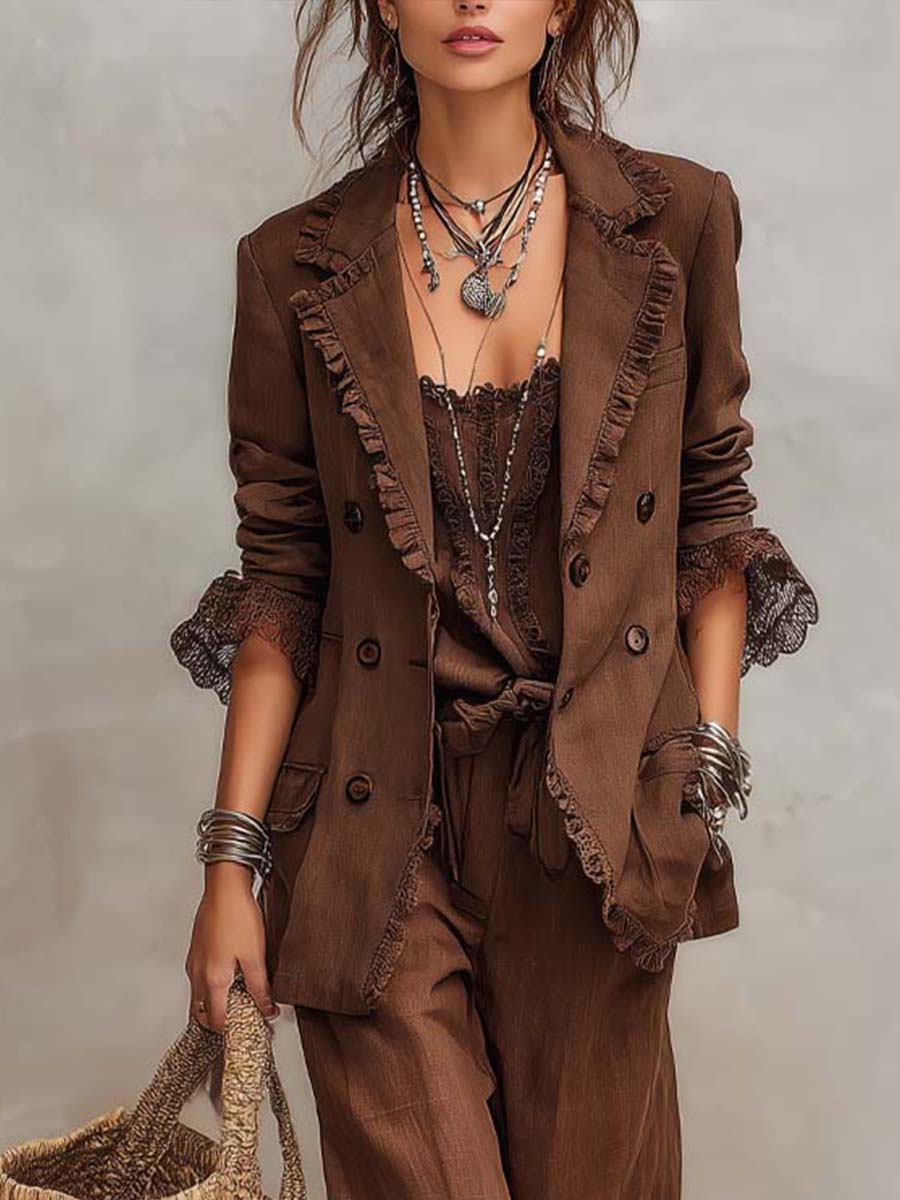 Vintage Lace Cuffs Cotton-linen Blazer Matching Set