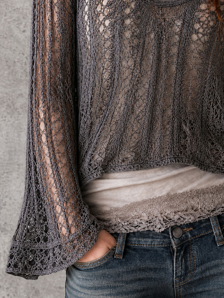 Charcoal Openwork Bell Sleeve Top
