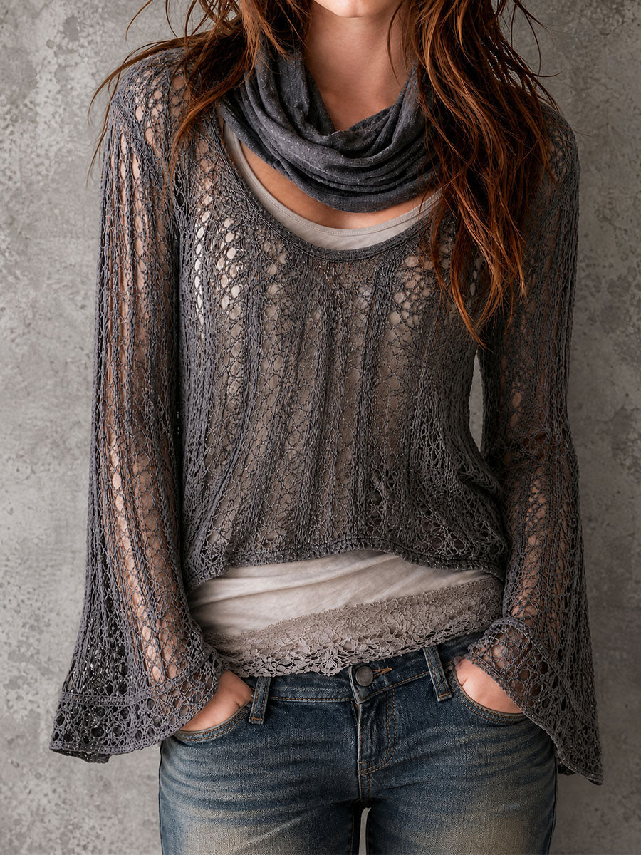 Charcoal Openwork Bell Sleeve Top