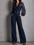Elegant Navy Sheer Long Sleeve High Waist Jumpsuit With Wide Leg