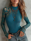 Retro Mock-Neck Ribbed T-Shirt With Asymmetric Lace Paneling