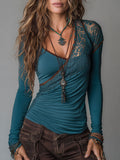 Boho Lace Panel Ruched Long Sleeve Top