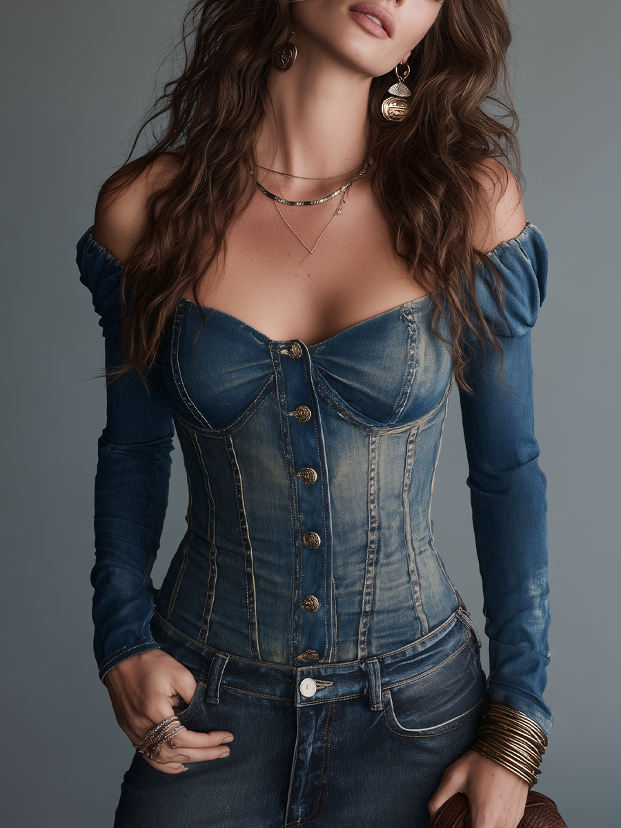 Vintage Blue Wash Corset Denim Top