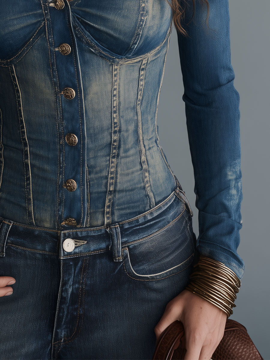 Vintage Blue Wash Corset Denim Top
