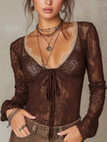 Boho Sheer Brown Lace Blouse Contrast Cream Lace Trim V‑Neck Front Tie Knot Top