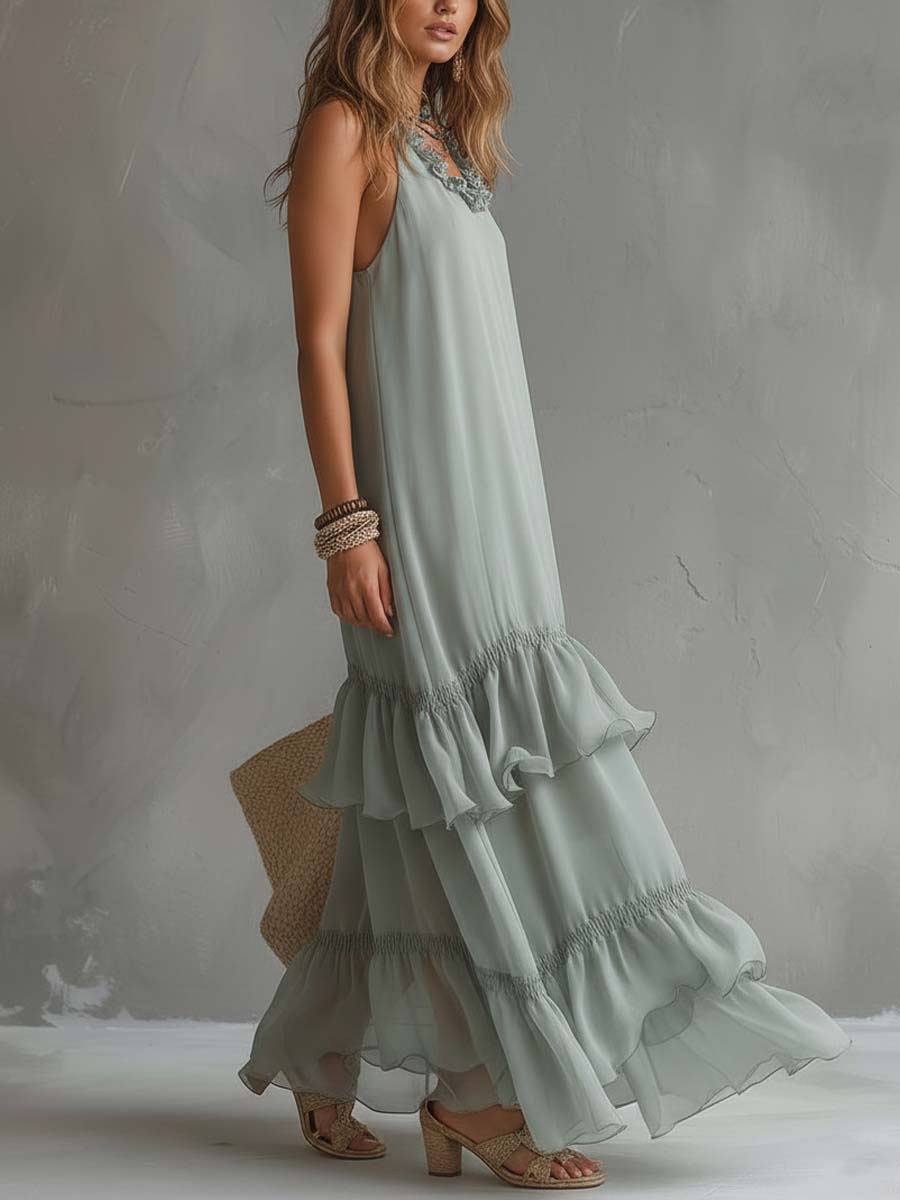 Lightweight Bohemian-style Tiered Ruffle Sleeveless Maxi Dress