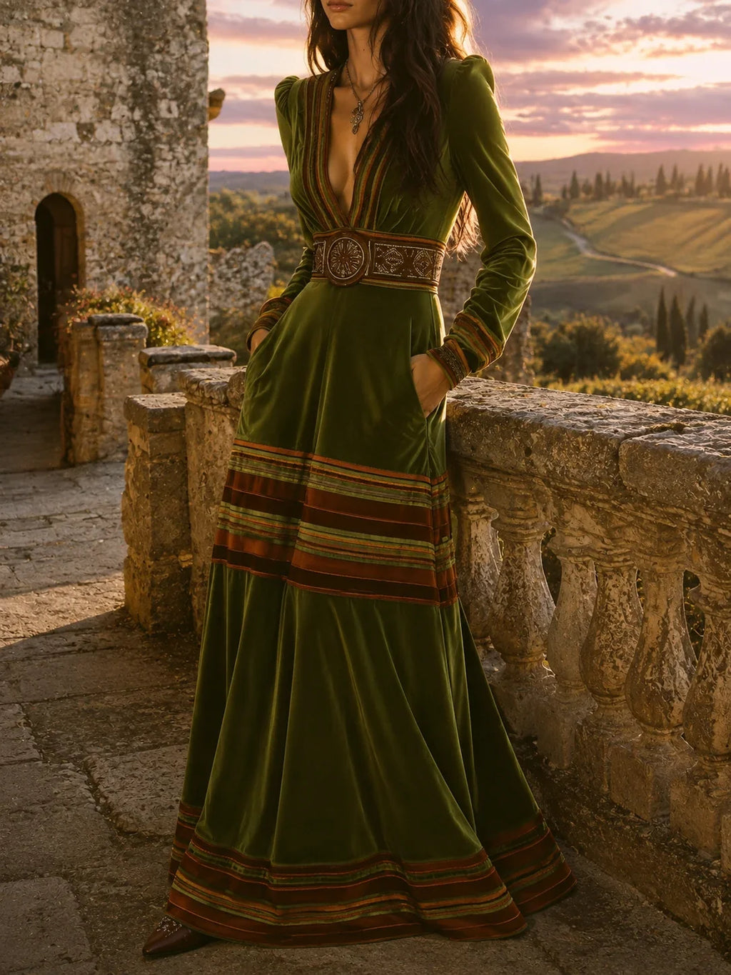 Boho Olive Green Velvet Striped Hem Maxi Dress