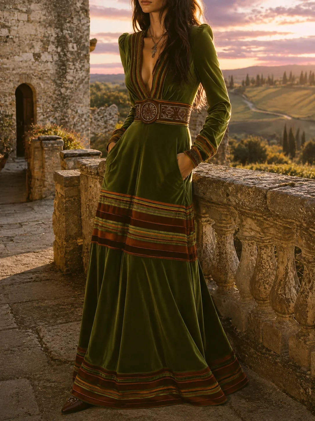 Boho Olive Green Velvet Striped Hem Maxi Dress