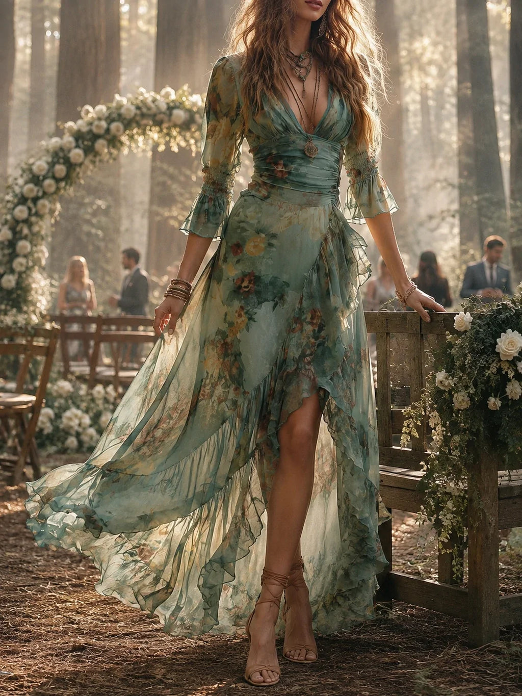 Retro Romantic Floral Wrap Long Dress