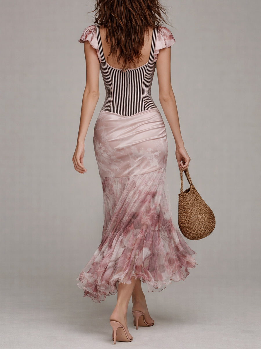 Elegant Oil Painting Flower Fishtail Hem Maxi Dress