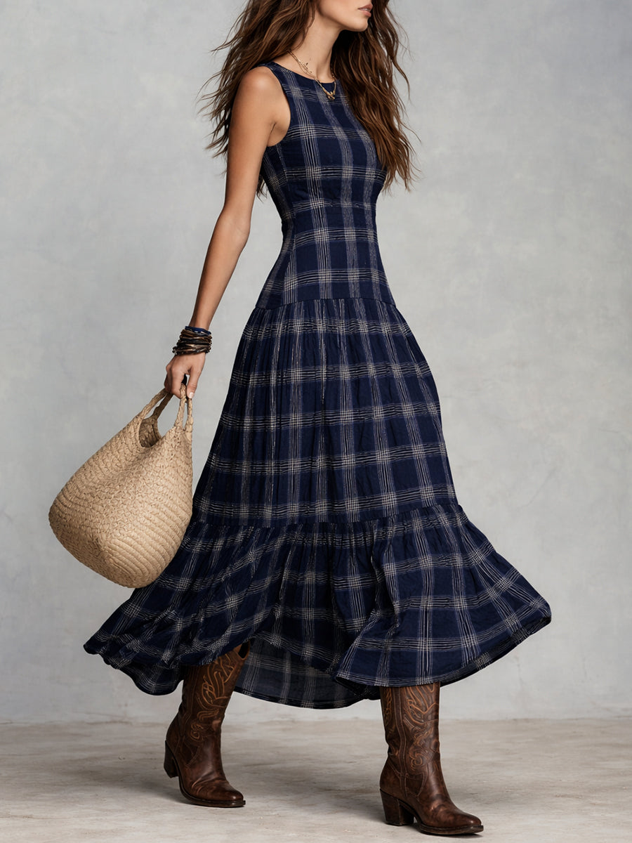 Classic Plaid Sleeveless Side Pocket Maxi Dress
