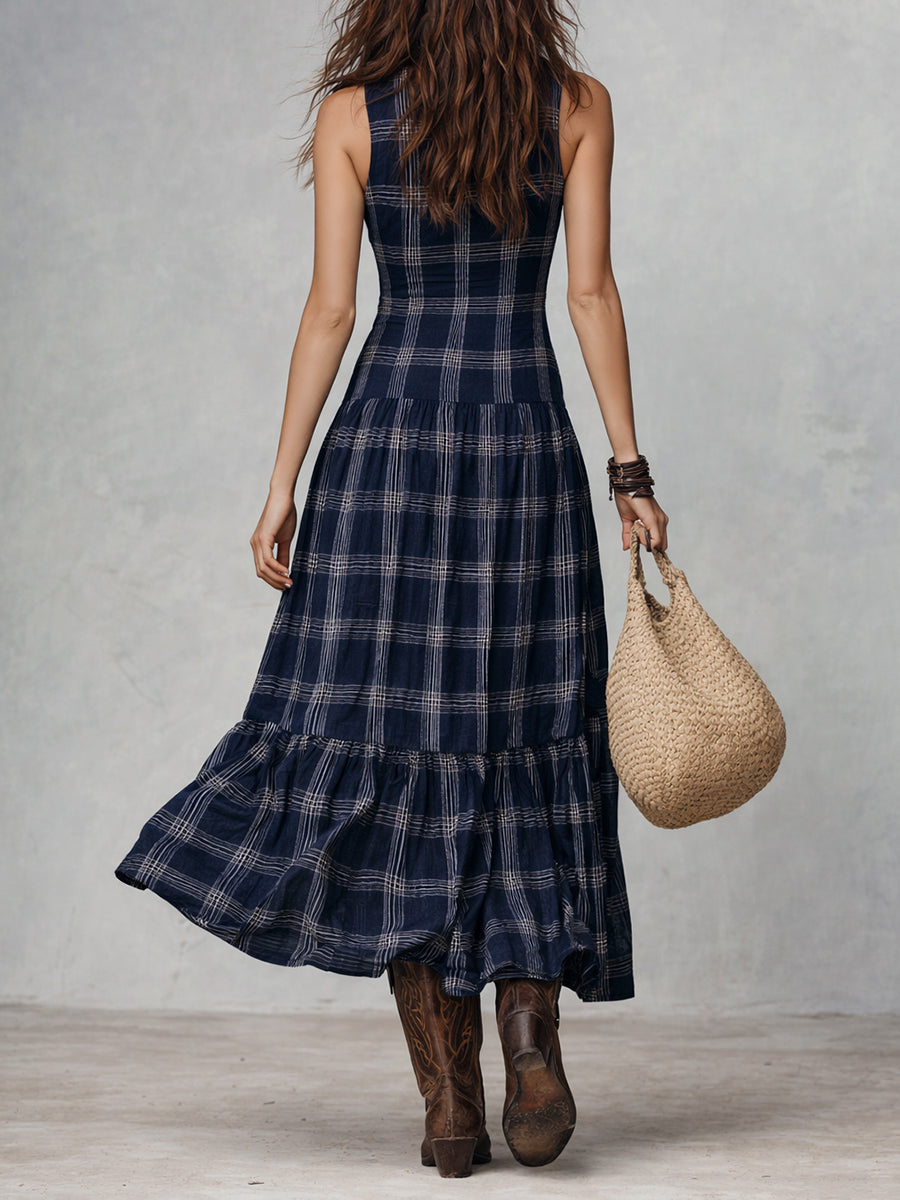Classic Plaid Sleeveless Side Pocket Maxi Dress
