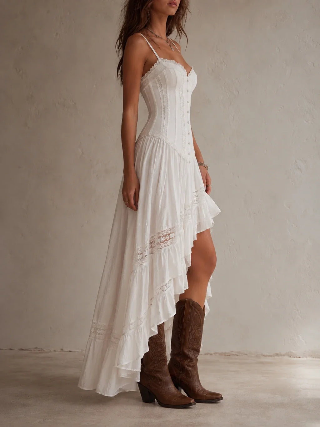 White Lace Corset Spaghetti Strap Ruffle Maxi Dress