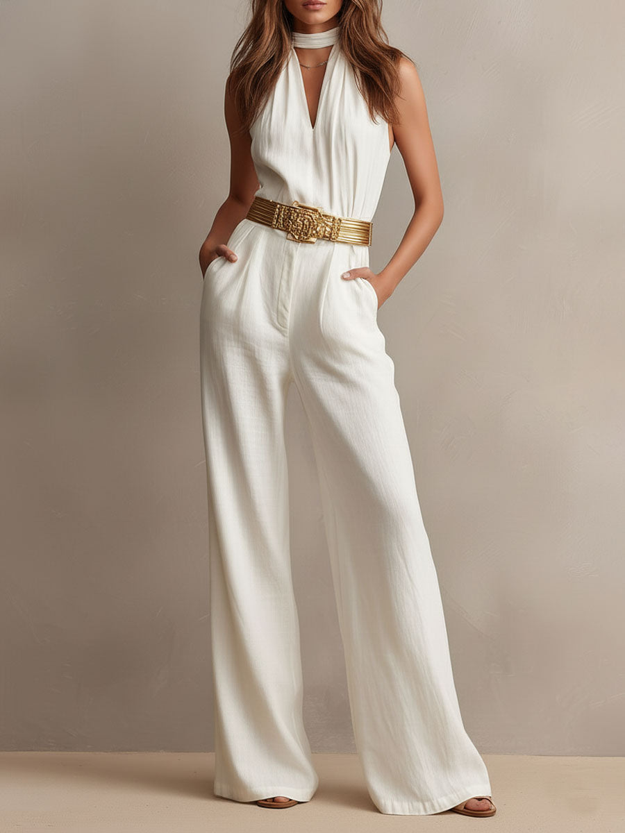 Vintage Boho White Halter Wide-Leg One Piece Jumpsuit