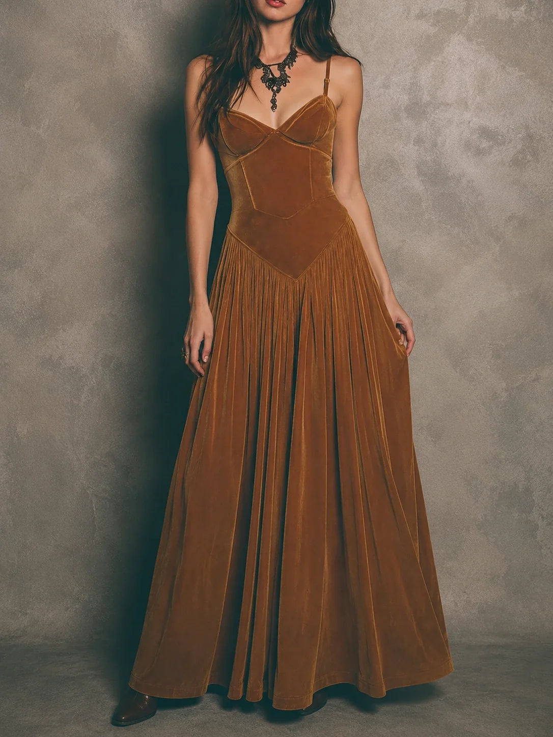 Spaghetti Strap Vintage Caramel Swan Maxi Dress
